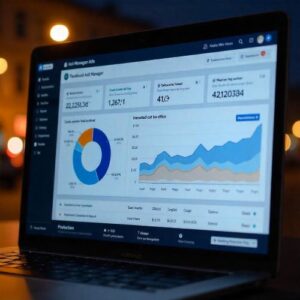 Facebook Ads performance dashboard with analytics and growth chart on a computer screen